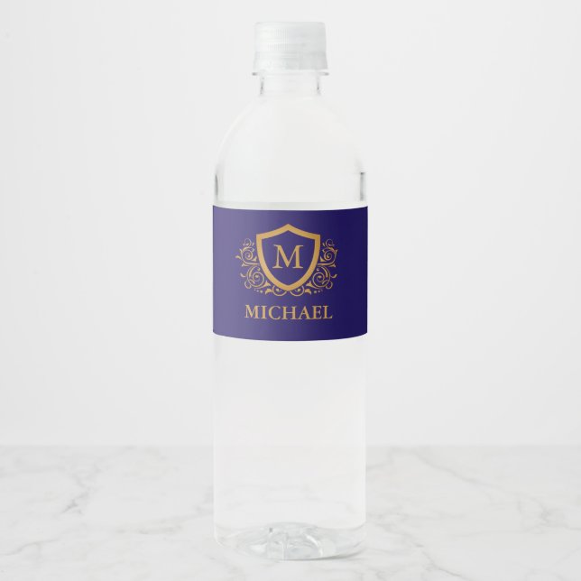 Navy Blue and Gold Personalised Monogram Name Water Bottle Label (Front)