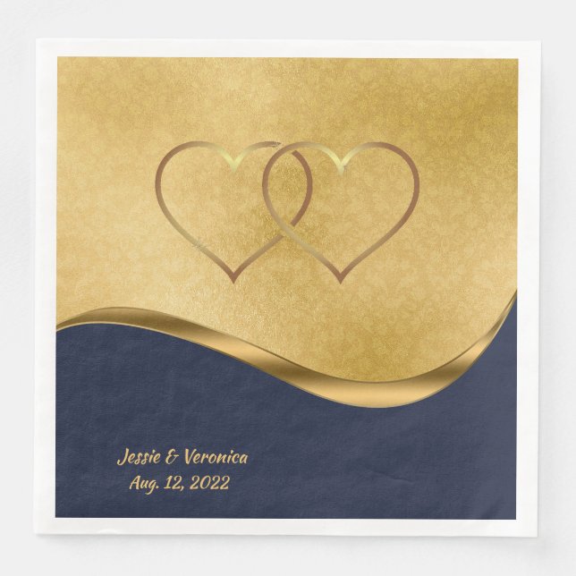 Navy Blue and Gold Personalised Wedding Napkin (Front)
