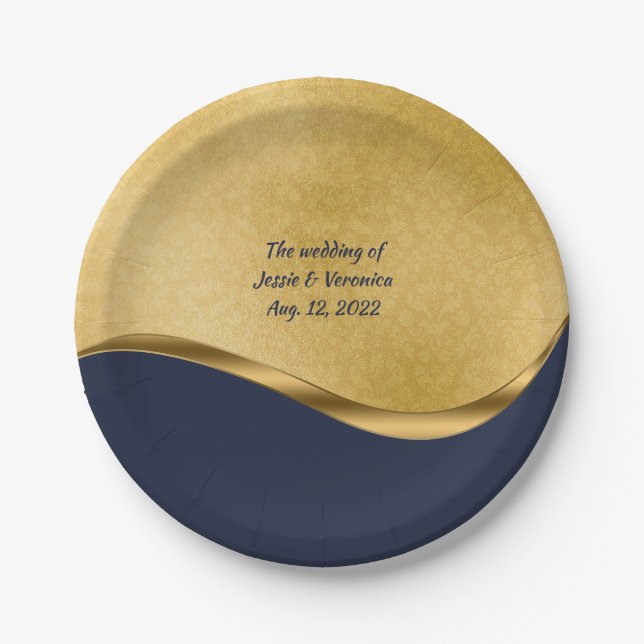 Navy Blue and Gold Personalised Wedding Paper Plate (Front)