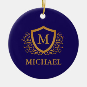 Navy Blue and Gold Personalized Monogram Name Ceramic Tree Decoration