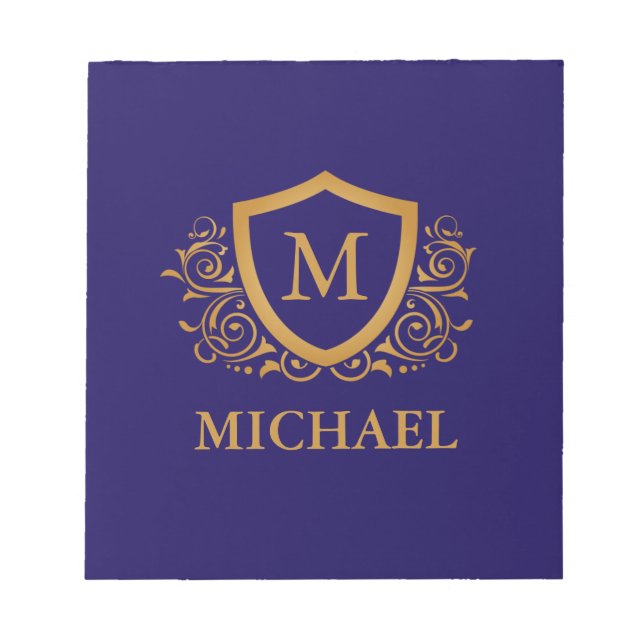 Navy Blue and Gold Personalized Monogram Name Notepad (Front)