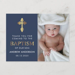 Navy Blue And Gold Photo Baptism Thank You Postcard