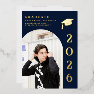 Navy Blue and Gold Photo Graduation Invitation