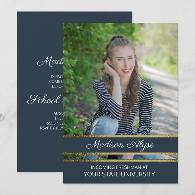 Navy Blue and Gold Photo Trunk Party Invitation (Front/Back)