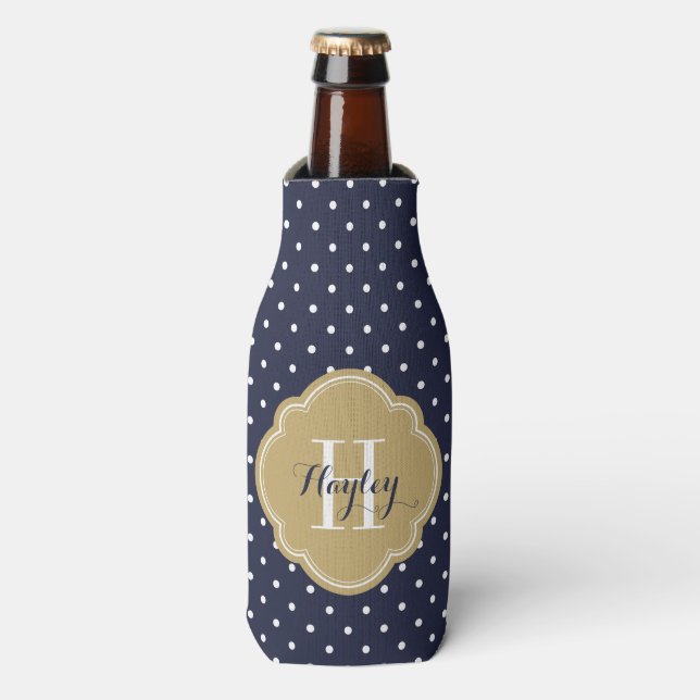 Navy Blue and Gold Polka Dots Monogram Bottle Cooler (Bottle Front)