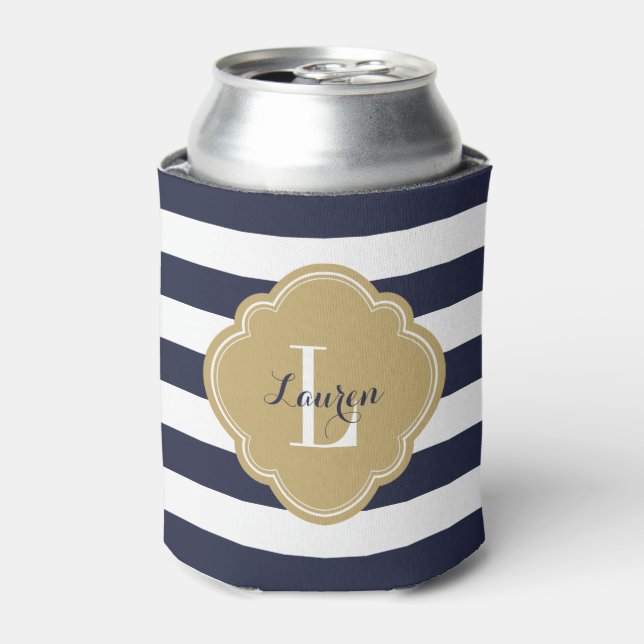 Navy Blue and Gold Preppy Stripes Monogram Can Cooler (Can Front)