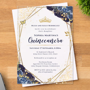 Navy Blue and Gold Quinceanera acyrlic invitation