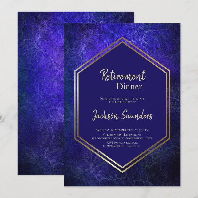 Navy Blue and Gold Retirement Dinner Invitation (Front/Back)