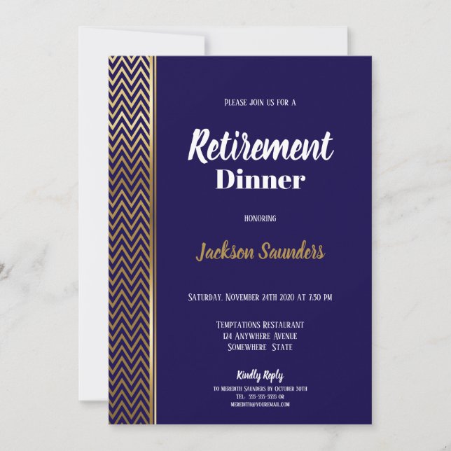 Navy Blue and Gold Retirement Dinner Party Invitation (Front)