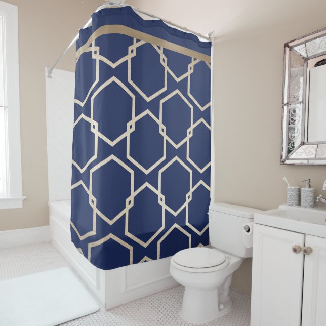 Navy Blue and Gold Rings Shower Curtain (In Situ)
