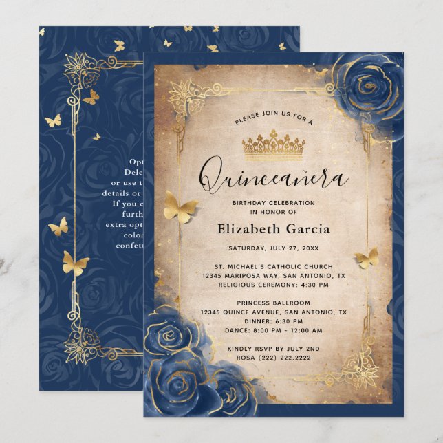 Navy Blue and Gold Royal Rose Elegant Quinceanera Invitation (Front/Back)