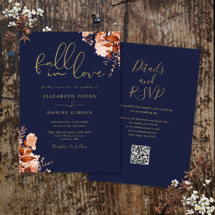 Navy Blue And Gold Rustic Floral QR Code Wedding Invitation