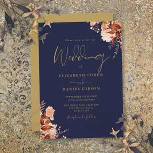 Navy Blue And Gold Rustic Floral Wedding Invitation