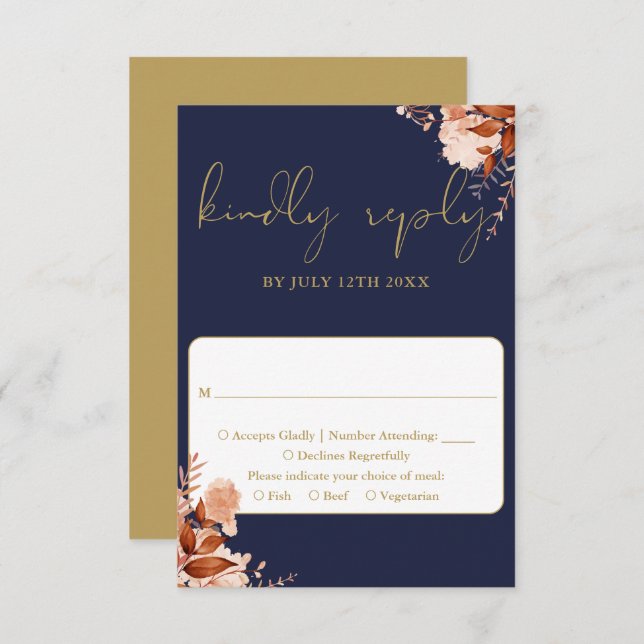 Navy Blue And Gold Rustic Floral Wedding RSVP Card (Front/Back)