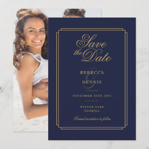 Navy Blue and Gold Script Art Deco Photo Wedding Save The Date