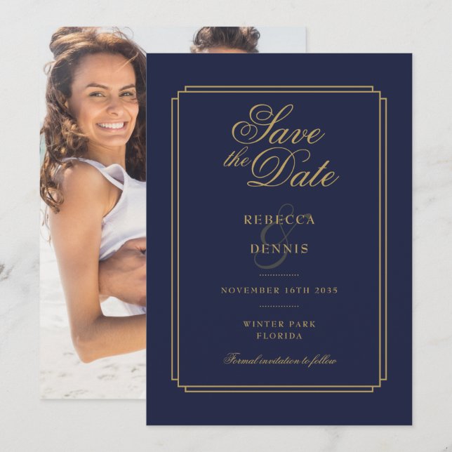 Navy Blue and Gold Script Art Deco Photo Wedding Save The Date (Front/Back)