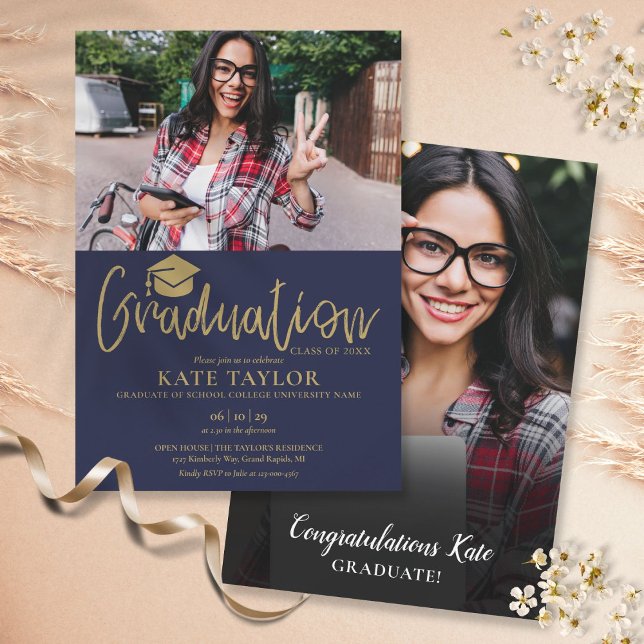 Navy Blue And Gold Script Graduation Party 2 Photo Invitation (Creator Uploaded)