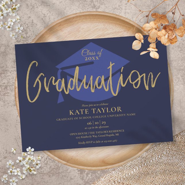 Navy Blue And Gold Script Graduation Party Invitation (Creator Uploaded)