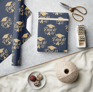 Navy Blue and Gold script I did it Graduation Wrapping Paper