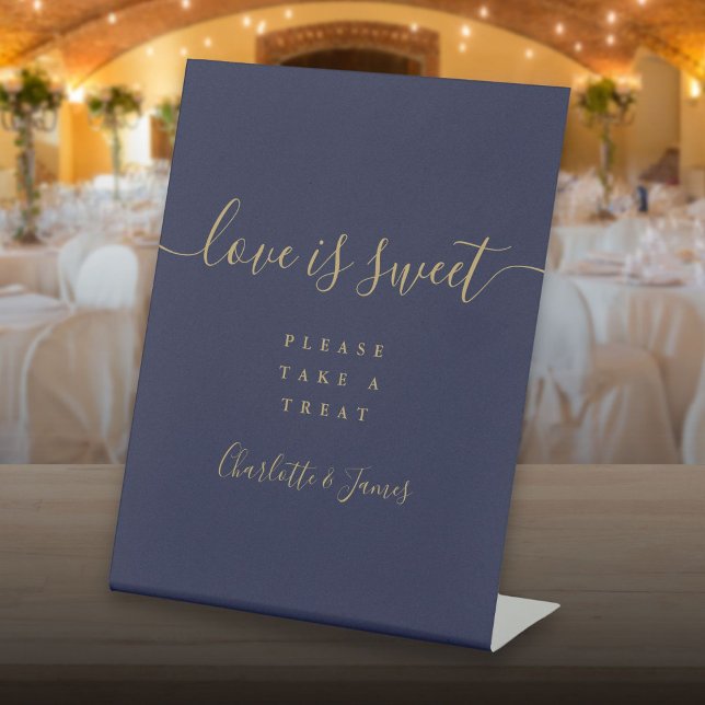 Navy Blue And Gold Script Love Is Sweet Favor Pedestal Sign (Navy Blue And Gold Script Love Is Sweet Favor Pedestal Sign)