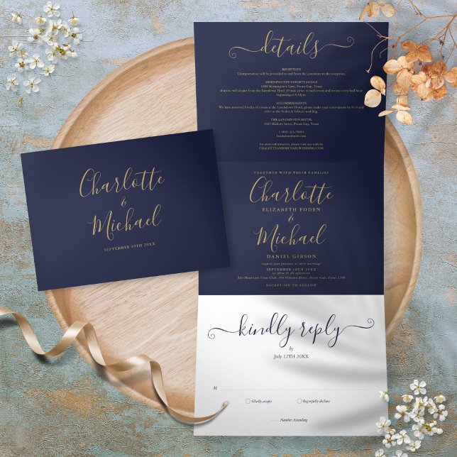 Navy Blue And Gold Script Monogram Wedding Tri-Fold Invitation (Navy Blue And Gold Script Monogram Wedding Tri-Fold Invitation)
