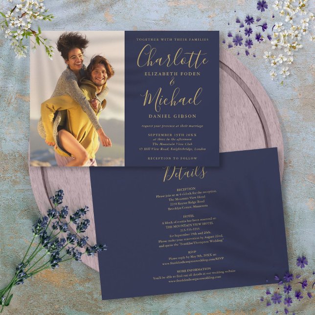 Navy Blue And Gold Script Photo Wedding All In One Invitation (Navy Blue And Gold Script Photo Wedding All In One Invitation)