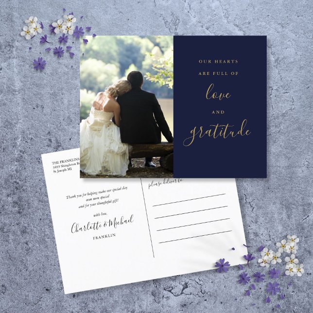 Navy Blue And Gold Script Photo Wedding Thank You Postcard (Navy Blue And Gold Script Photo Wedding Thank You Postcard)