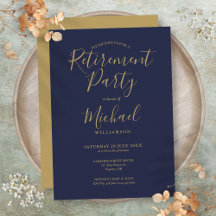 Navy Blue And Gold Script Retirement Party
