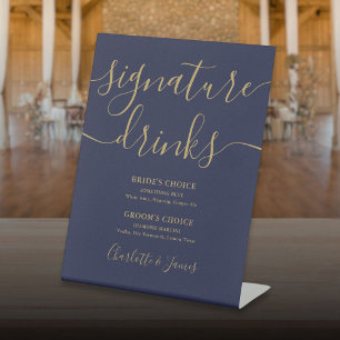 Navy Blue And Gold Script Wedding Signature Drinks Pedestal Sign