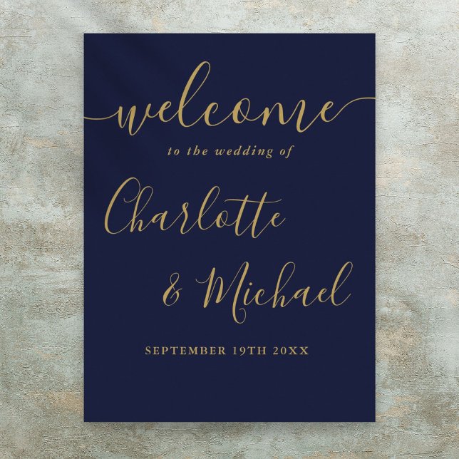 Navy Blue And Gold Script Wedding Welcome Sign (Navy Blue And Gold Script Wedding Welcome Sign)