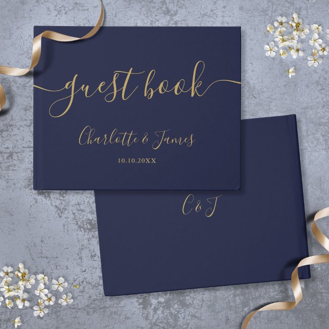 Navy Blue And Gold Signature Script Wedding Guest Book (Navy Blue And Gold Signature Script Wedding Guest Book)