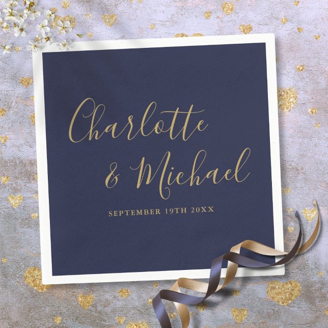 Navy Blue And Gold Signature Script Wedding Napkin (Navy Blue And Gold Signature Script Wedding Napkins)