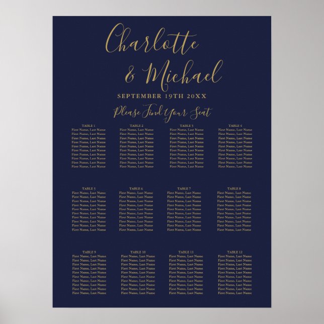 Navy Blue And Gold Signature Wedding Seating Chart (Front)