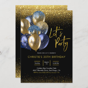 Navy Blue and Gold Sparkling Let's Party Invitatio Invitation