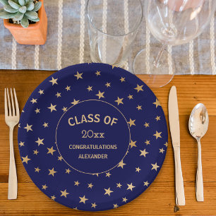 Navy blue and Gold Stars graduation party Paper Plate