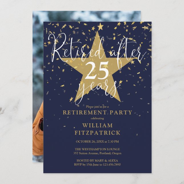 Navy Blue And Gold Stars Photo Retirement Party Invitation (Front/Back)