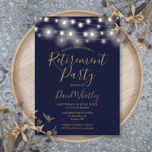 Navy Blue And Gold String Lights Retirement Party Invitation