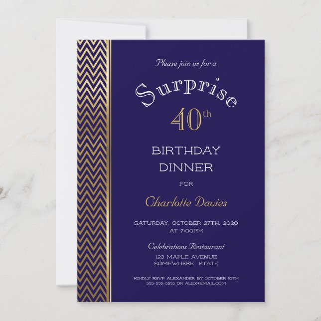 Navy Blue and Gold Surprise 40th Birthday Dinner Invitation (Front)