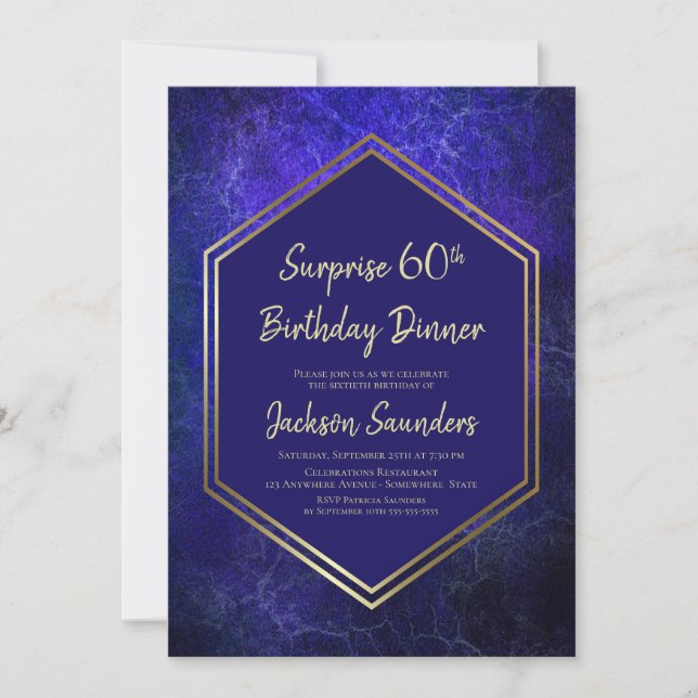 Navy Blue and Gold Surprise 60th Birthday Dinner Invitation (Front)