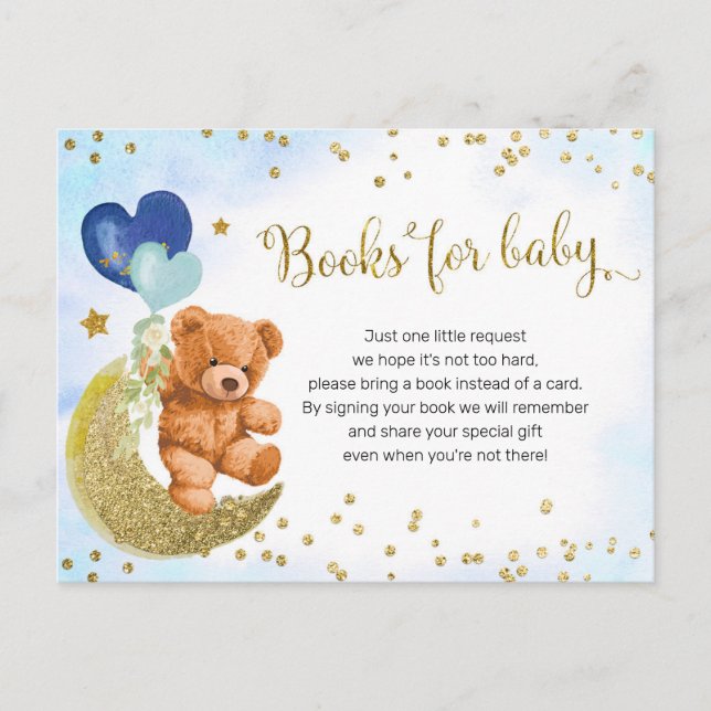 Navy Blue and Gold Teddy Bear Books for Baby Invitation Postcard (Front)