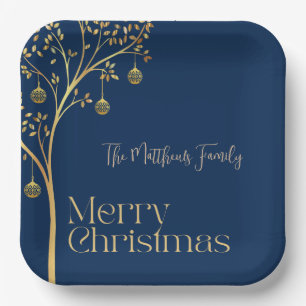Navy Blue And Gold tree Christmas Script Name  Paper Plate