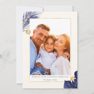 Navy Blue and Gold Tropical Greenery Photo Holiday Card