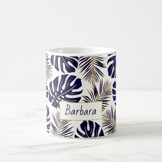 Navy blue and gold tropical leaves and name coffee mug (Center)