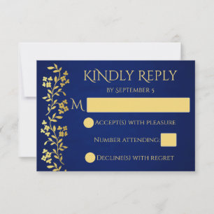 Navy blue and gold vintage floral border wedding RSVP card