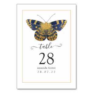 Navy Blue and Gold Vintage Rose and Butterfly Table Number