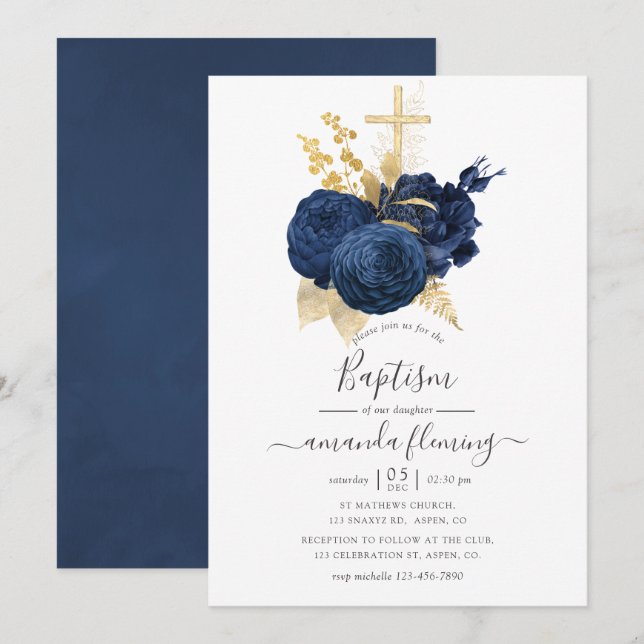Navy Blue and Gold Vintage Rose Baptism Invitation (Front/Back)