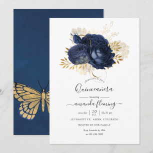 Navy Blue and Gold Vintage Rose Quinceañera Invitation