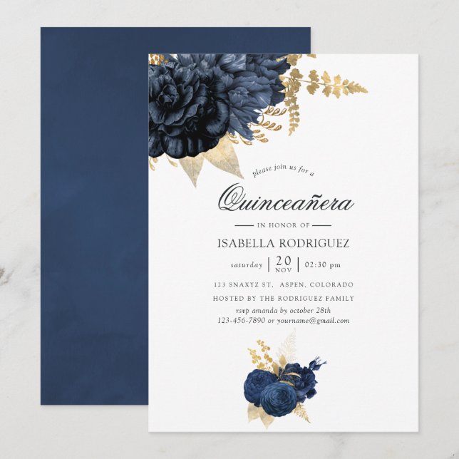 Navy Blue and Gold Vintage Rose Quinceañera Invitation (Front/Back)