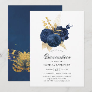 Navy Blue and Gold Vintage Rose Quinceañera Invitation
