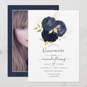 Navy Blue and Gold Vintage Rose Quinceañera Photo Invitation